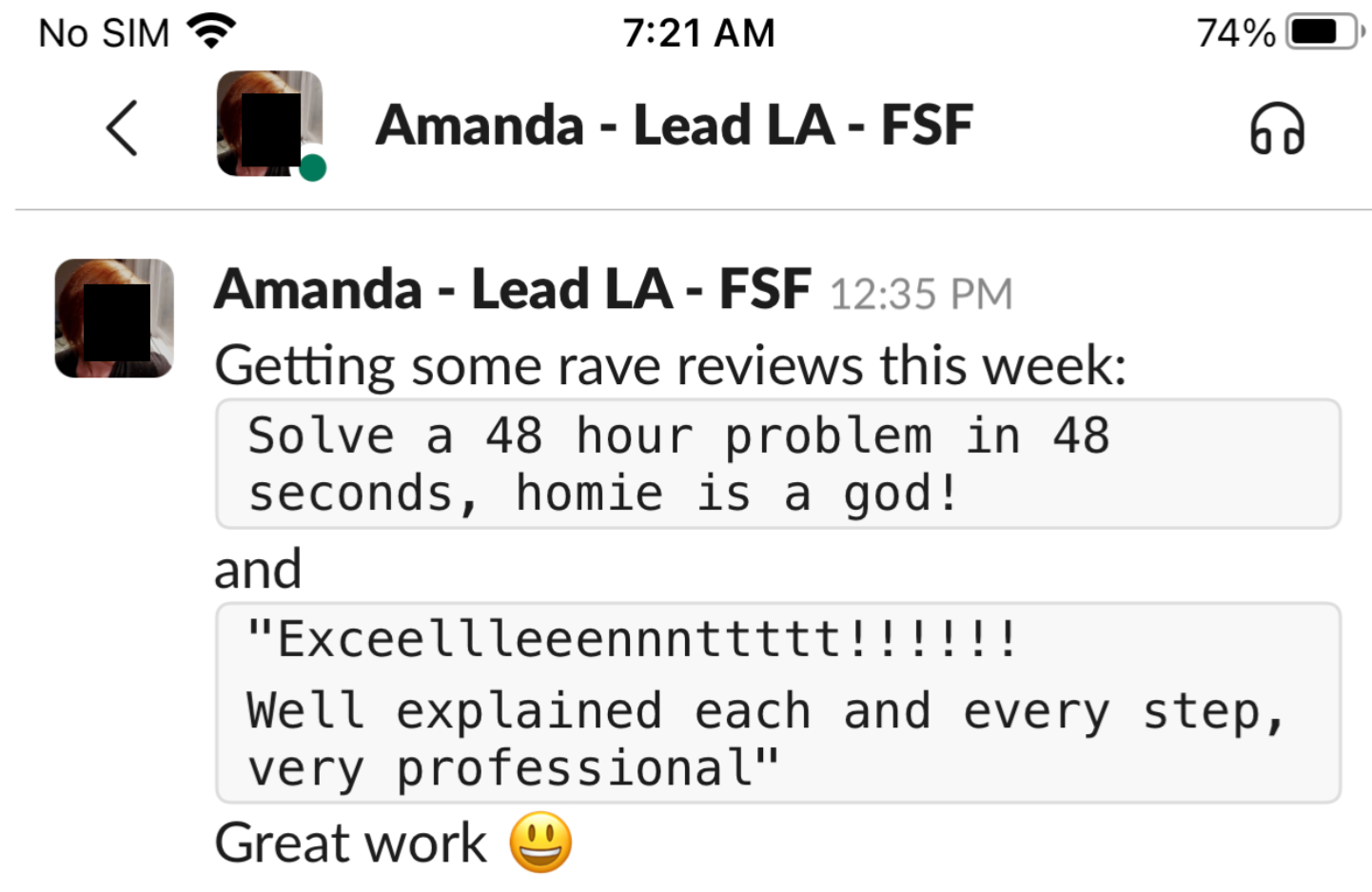 Supervisor Slack shout-out screenshot A
