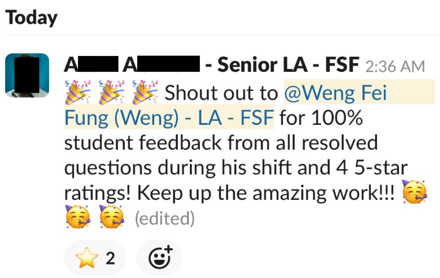 Supervisor Slack shout-out screenshot D