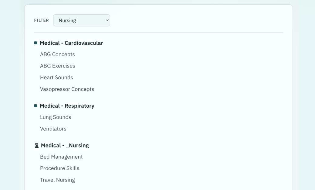 Filtered quiz topic list with medical categories
